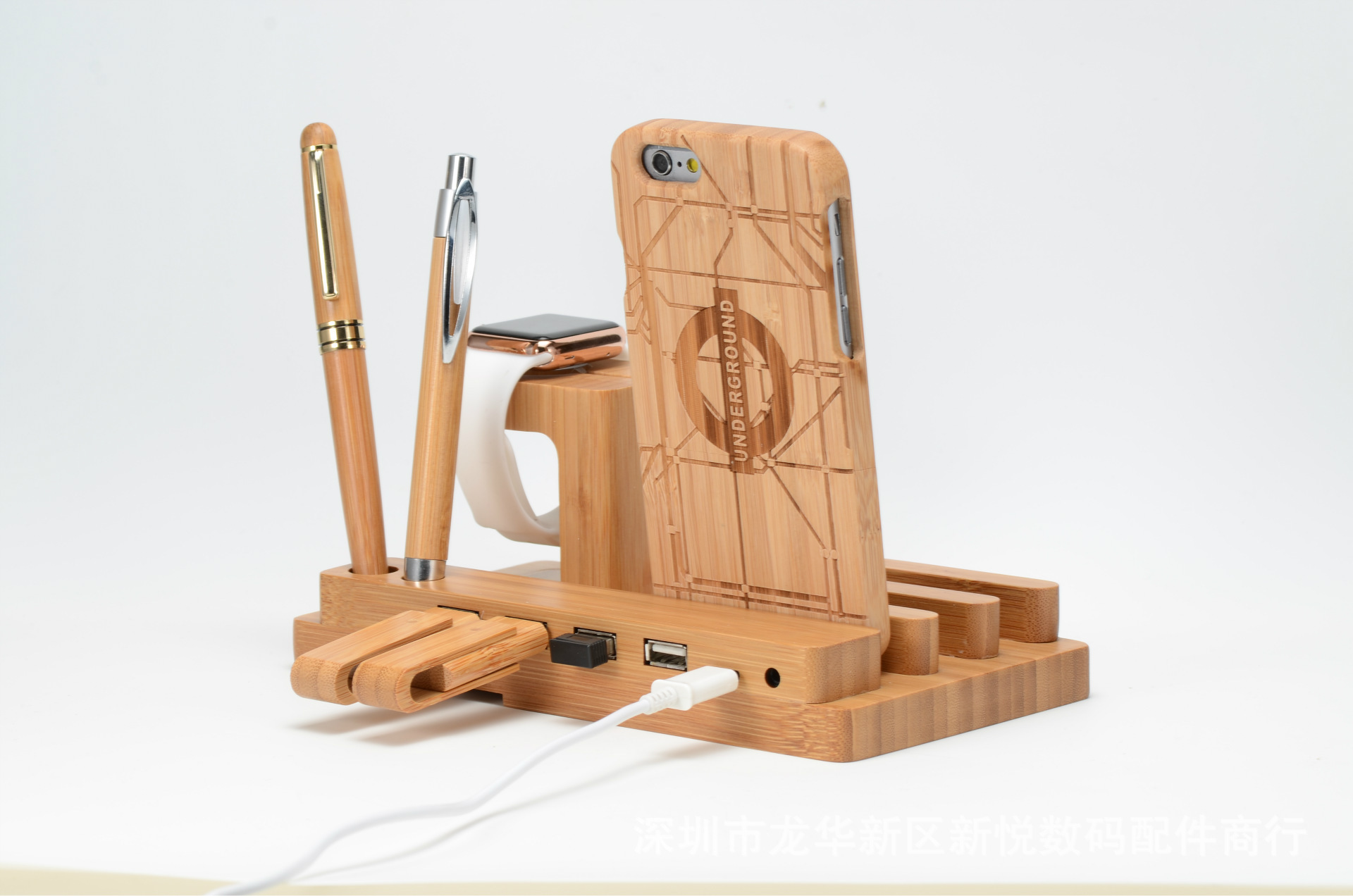 3178510929_1695514589.jpg Compatible with Apple , Bamboo, wood andMobile applewatch bracket charging wooden bracket multi-function flat cell phone base - Image 1